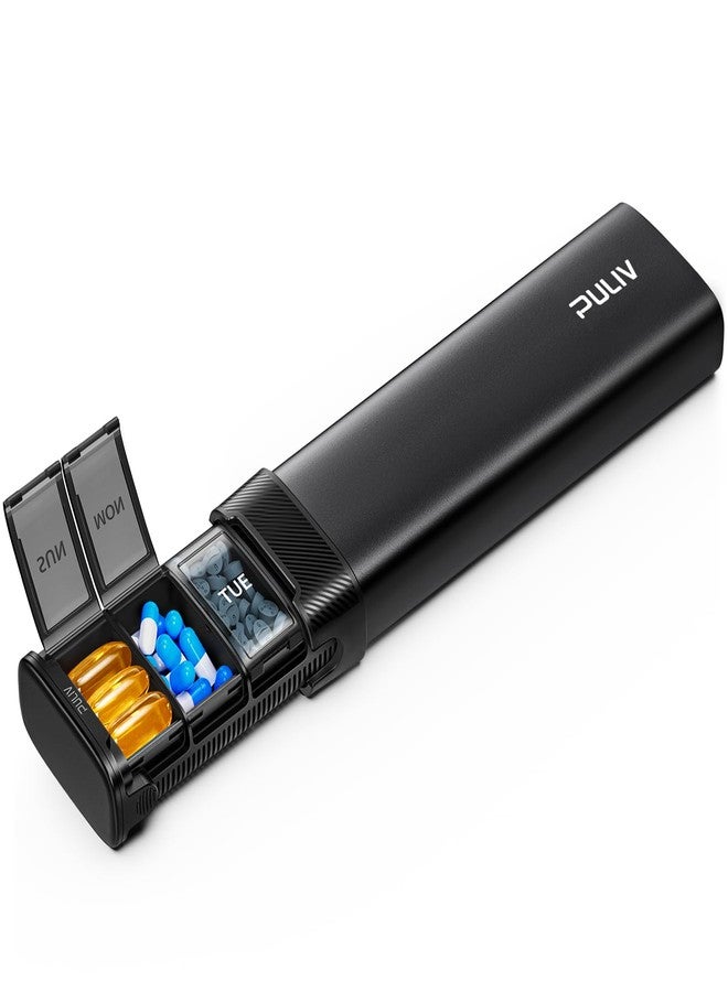 PULIV Metal Weekly Pill Organizer with Sturdy & Sleek Aluminum Alloy Case, Pill Case with Triple Protection Against Spilling, Compact Travel Pill Box 7 Day for Vitamins, Fish Oils, Supplements, Black - Image 1